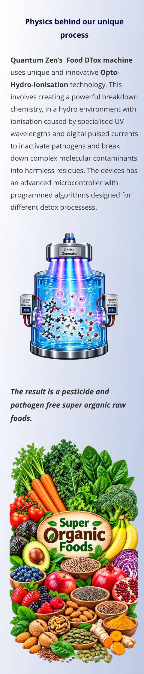 Physics behind our unique process  Quantum Zen’s  Food DTox machine uses unique and innovative Opto-Hydro-Ionisation technology. This involves creating a powerful breakdown chemistry, in a hydro environment with ionisation caused by specialised UV wavelengths and digital pulsed currents to inactivate pathogens and break down complex molecular contaminants into harmless residues. The devices has an advanced microcontroller with programmed algorithms designed for different detox processess.                The result is a pesticide and pathogen free super organic raw foods.